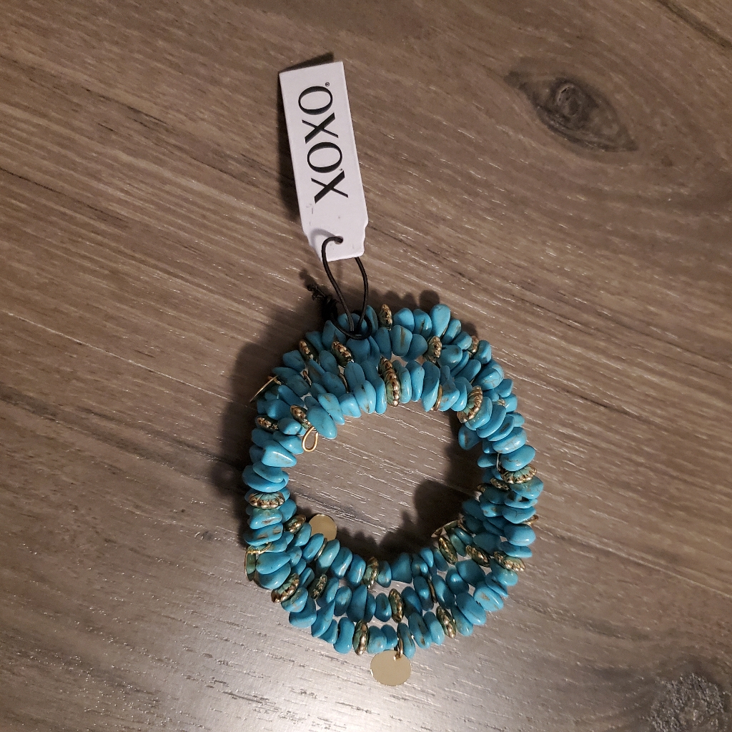 Nwt Turquoise Stone Gold Beaded Wire Stack Wrap Bracelet 10$
